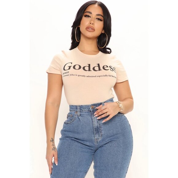 Fashion Nova ✦ Define Goddess Top ✦ Taupe Black Graphic Crew Neck Short Sleeve - Picture 1 of 6